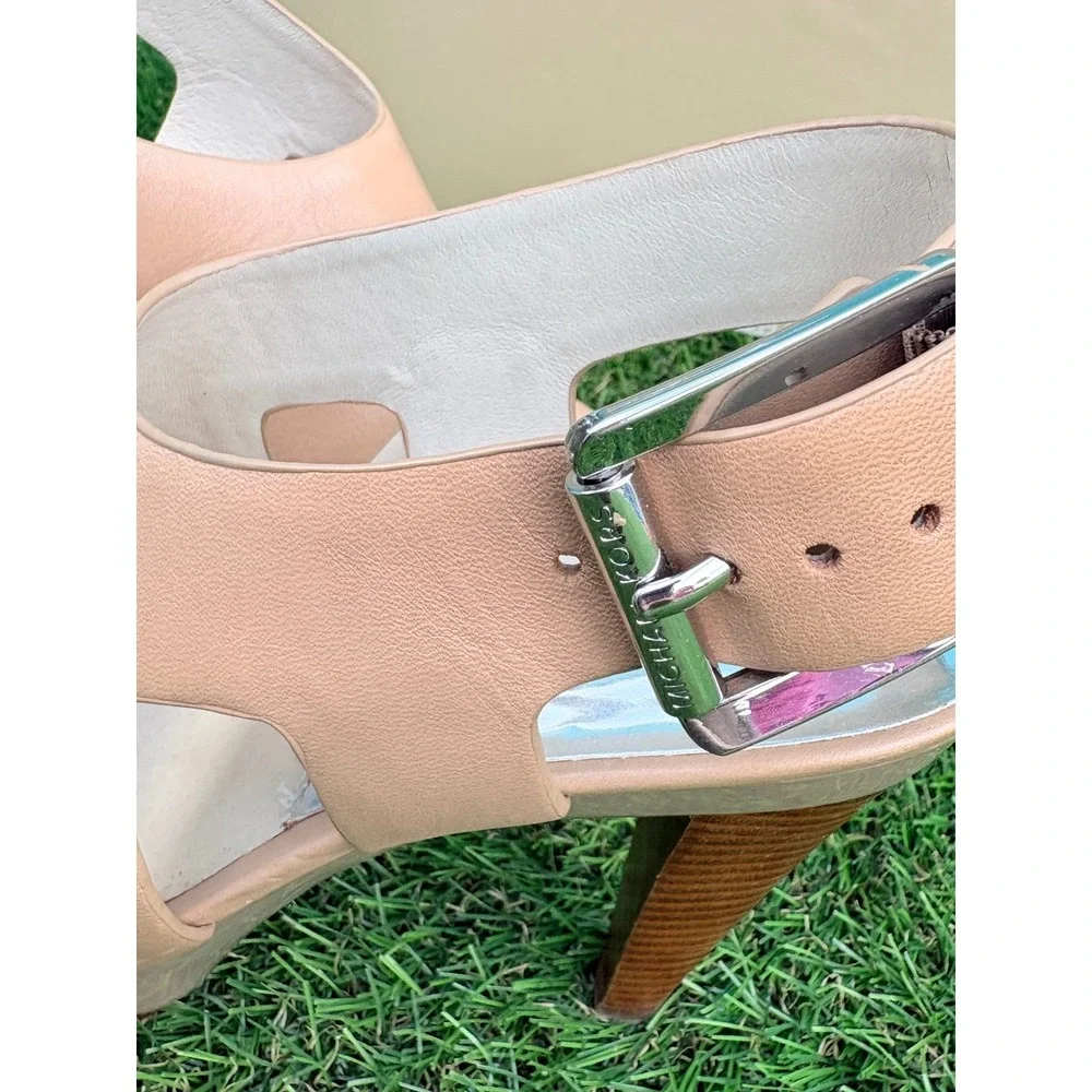 Michael Kors Carla Platform‎ Sandals Taupe Leather Wood Heel 40S1CRHA2L Mens 7.5